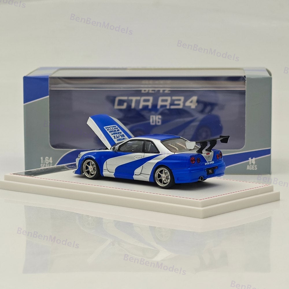 1/64 FH Nissan Skyline R34 GTR Silver Blue Diecast Model Car Limited Collection