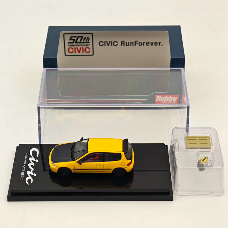 Hobby Japan 1/64 Honda CIVIC (EG6) JDM Style Customized Version With Engine Display Model Yellow HJ642017AY Diecast Models Car Collection