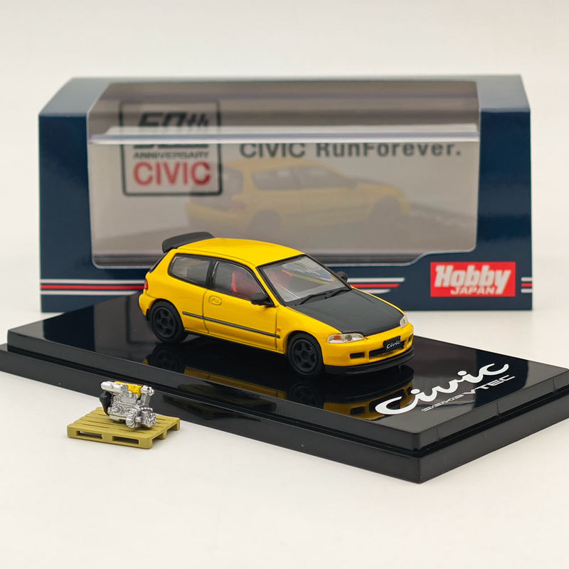 Hobby Japan 1/64 Honda CIVIC (EG6) JDM Style Customized Version With Engine Display Model Yellow HJ642017AY Diecast Models Car Collection