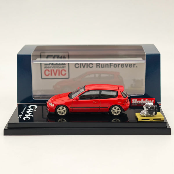 Hobby Japan 1/64 Honda CIVIC (EG6) Sir-S With Engine Display Model Milano Red HJ641017SR Diecast Models Car Collection