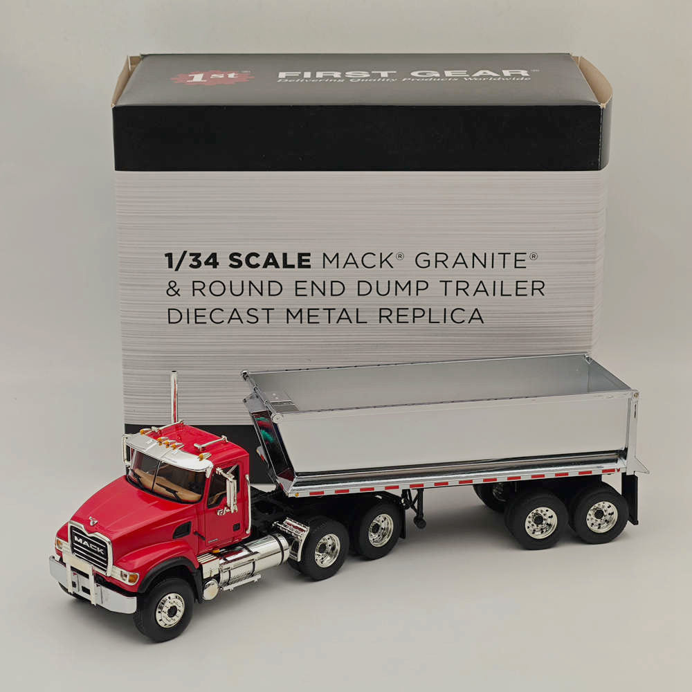 1st gear diecast First Gear 10-4181 Mack Granite with Round End Dump Trailer Red and Chrome 1/34 Diecast Model