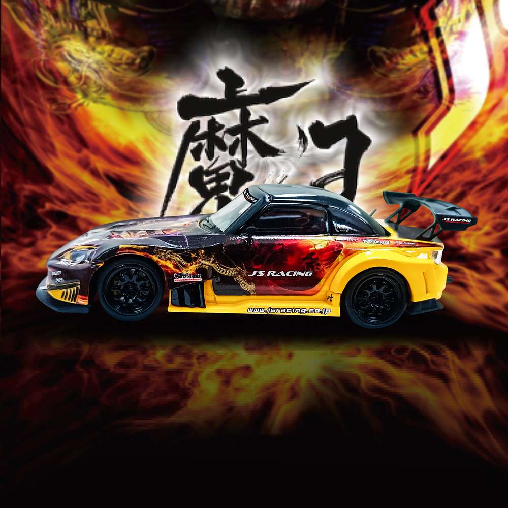 MJ 1:64 Honda S2000 Demon King Painting J'S Racing Resin Car Scene Display Box Packaging Toys Models Collection Miniature Hobby Gifts
