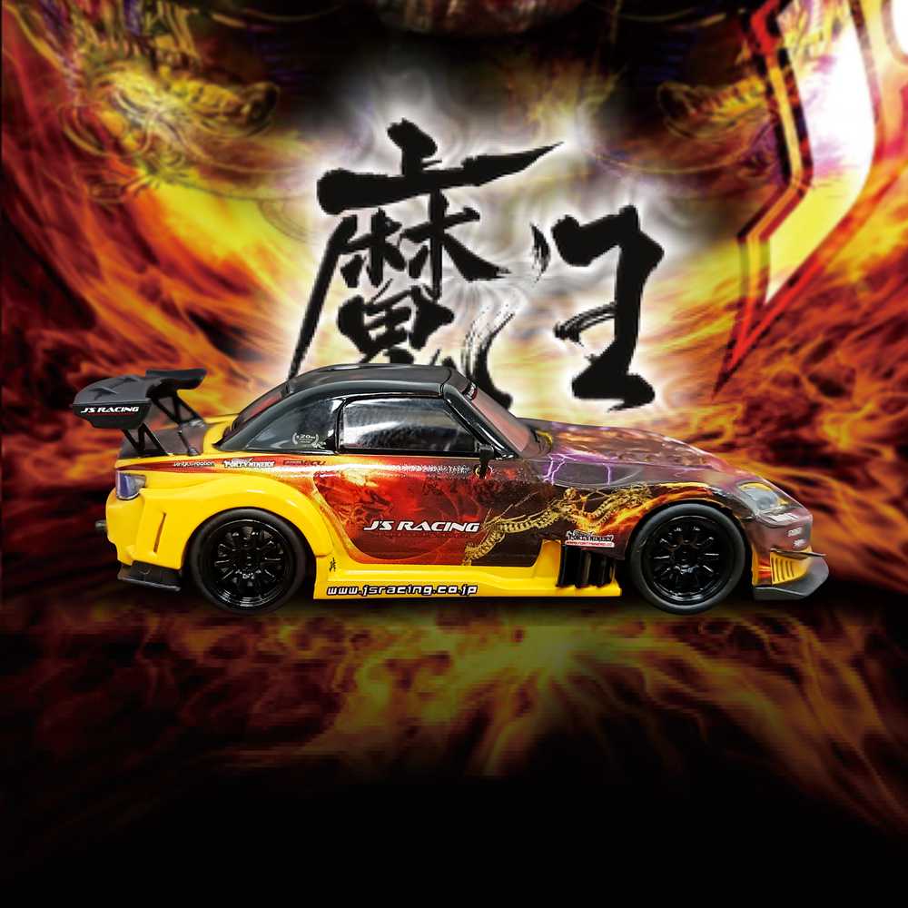 MJ 1:64 Honda S2000 Demon King Painting J'S Racing Resin Car Scene Display Box Packaging Toys Models Collection Miniature Hobby Gifts