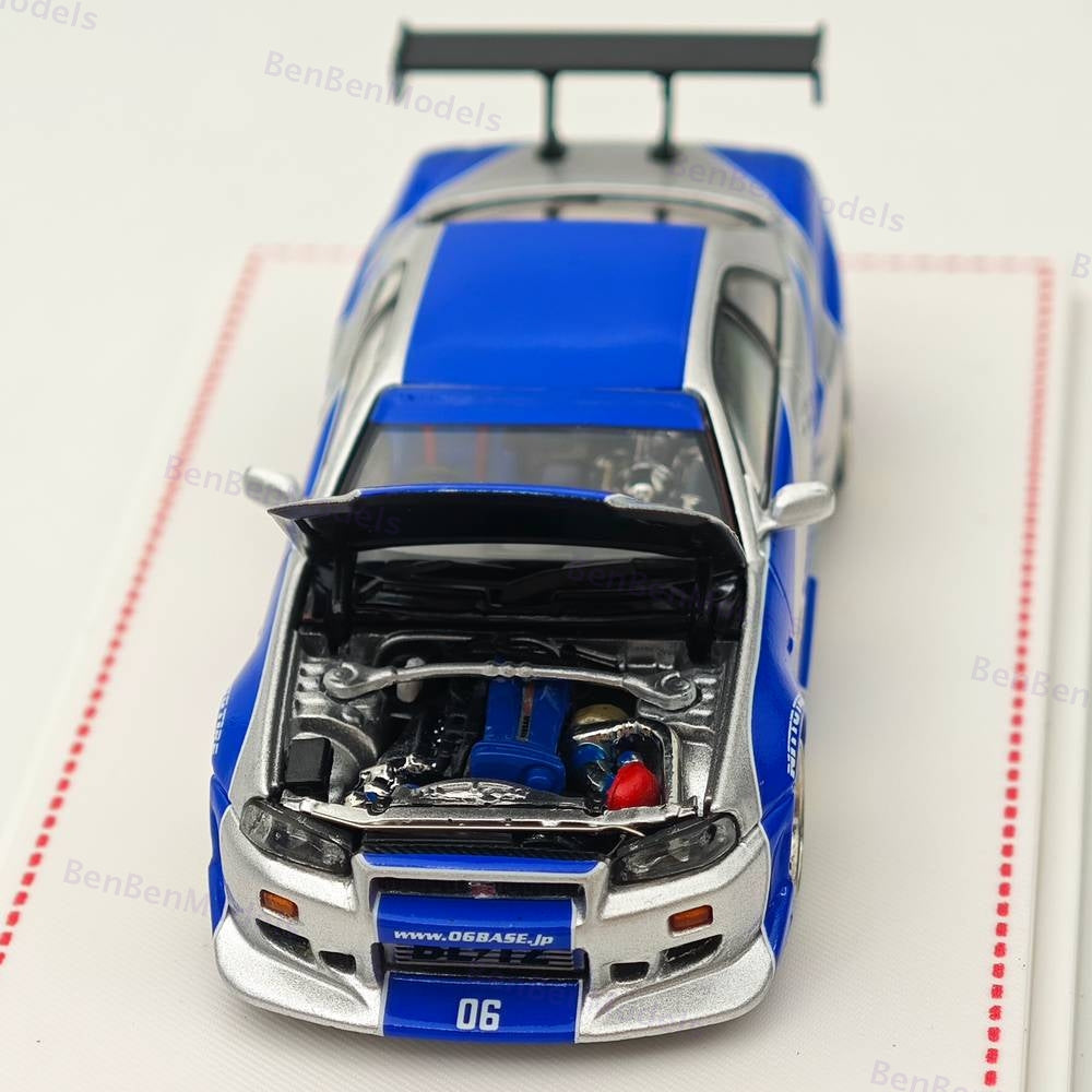 1/64 FH Skyline R34 GTR Silver Blue Diecast Model Car Limited Collection