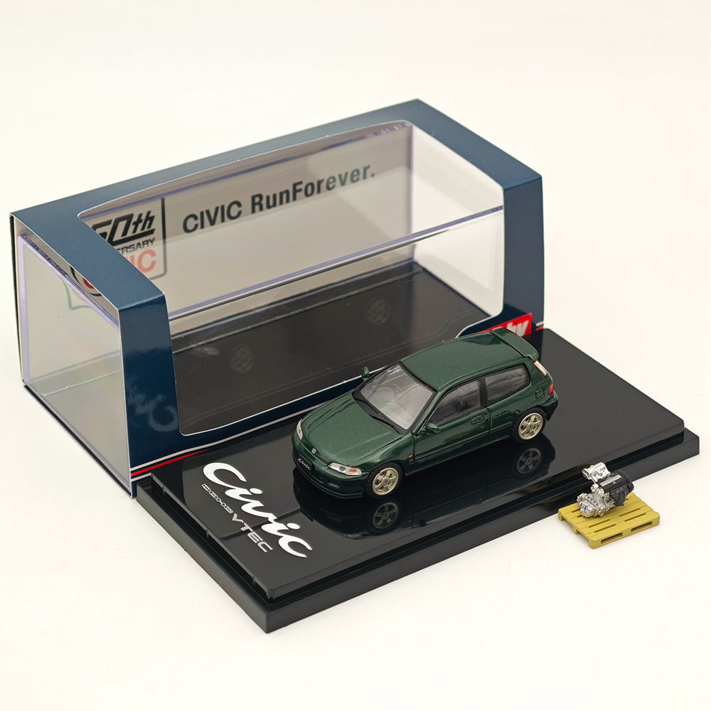Hobby Japan 1/64 Honda CIVIC (EG6) Sir-S With Engine Display Model Lausanne Green (P) HJ641017SG Diecast Models Car Collection(Ships from the United States)