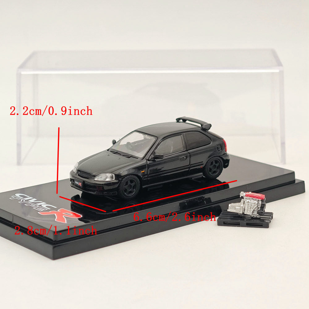 Hobby Japan 1/64 Honda Civic Type-R (EK9) Custom with Engine Diecast Car Limited Collection Auto Toys Gift Black