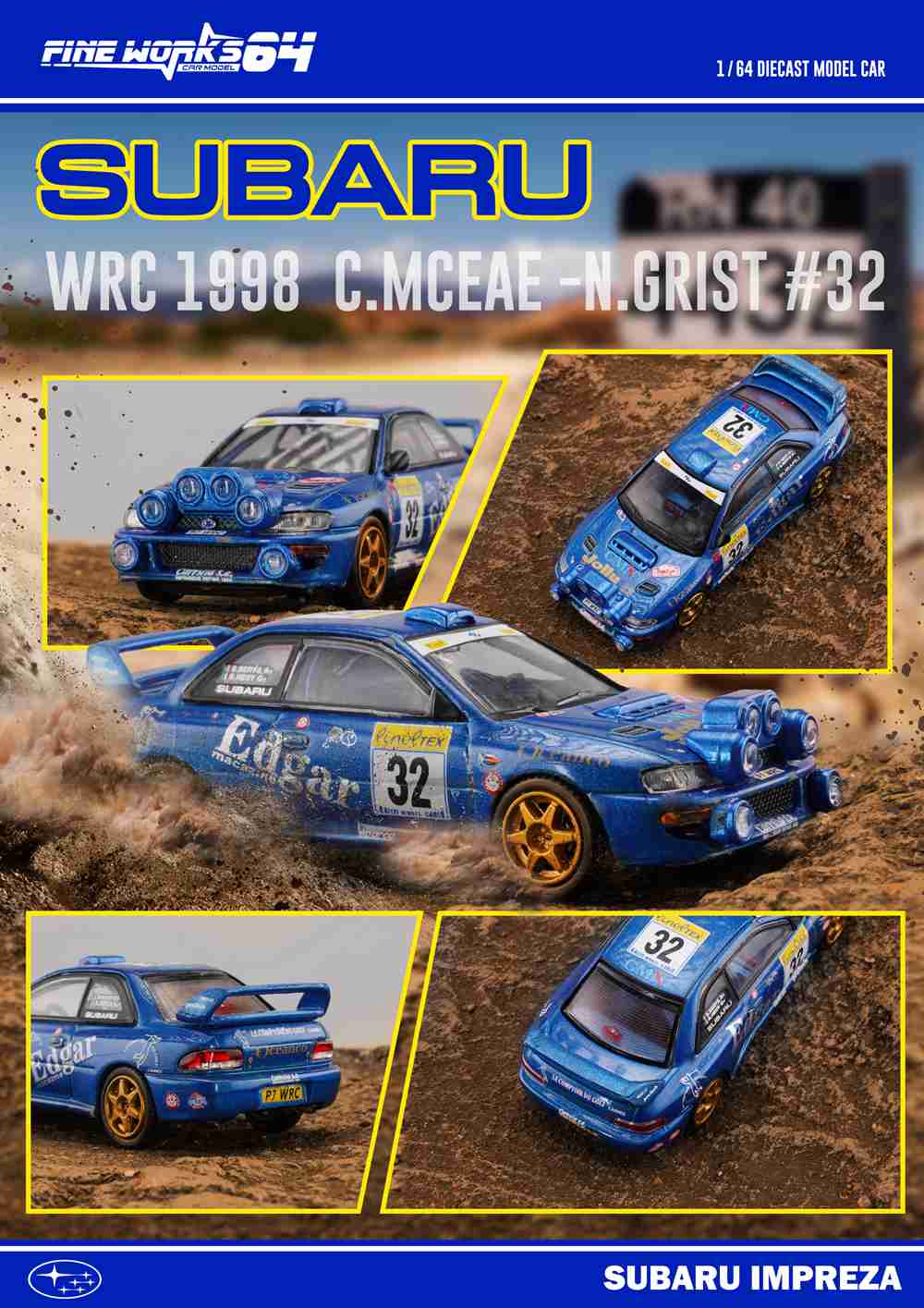 Voiture de course moulée sous pression Subaru WRC Champion 1:64 Fine Works - Modèles de voitures de collection - Cadeaux - Édition limitée