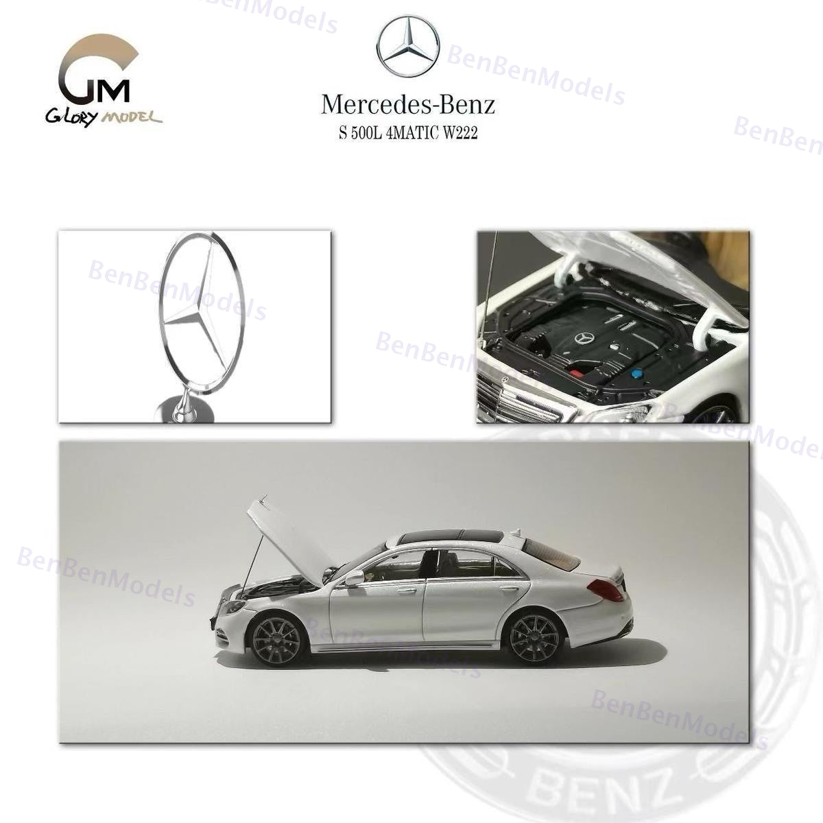 Glory Model 1:64 Mercedes Benz S500L W222 10th Alloy Diecast Car Model Open Hood Gifts