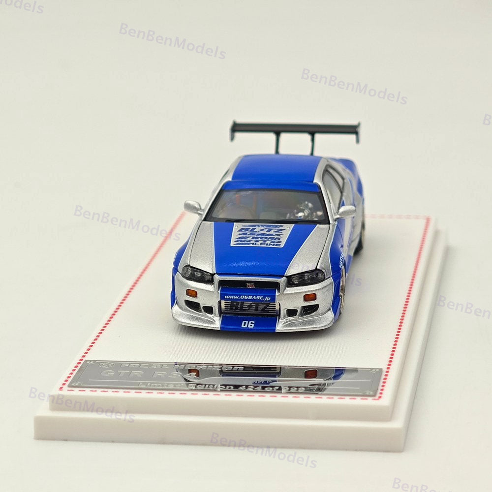 1/64 FH Nissan Skyline R34 GTR Silver Blue Diecast Model Car Limited Collection