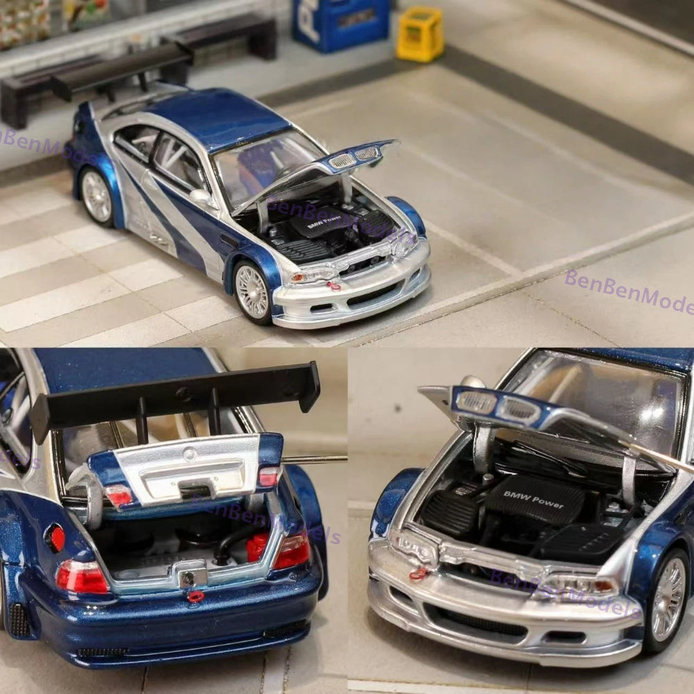 Pre-sale Ghost Player 1:64 E46 M3 GTR NFS Silver/Blue Openable Hood/Trunk Diecast Model Car Limited Collection