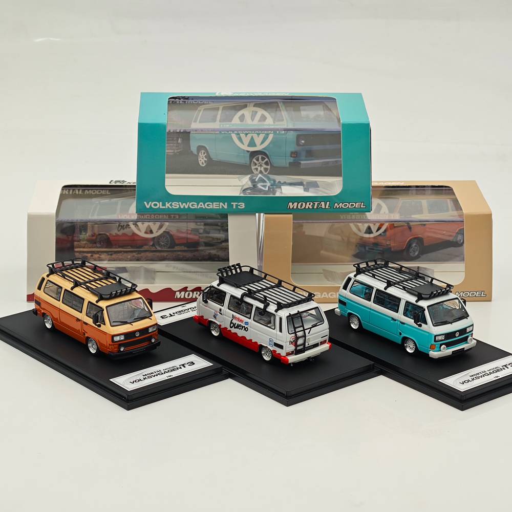 Mortal 1/64 Alloy Car Model - Lowrider Volkswagen T3, Tiffany Blue & White/Orange & Pink/Chocolate Bueno Color, 999 Units Limited, with Accessories