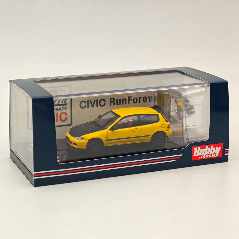 Hobby Japan 1/64 Honda CIVIC (EG6) JDM Style Customized Version With Engine Display Model Yellow HJ642017AY Diecast Models Car Collection(Ships from the United States)