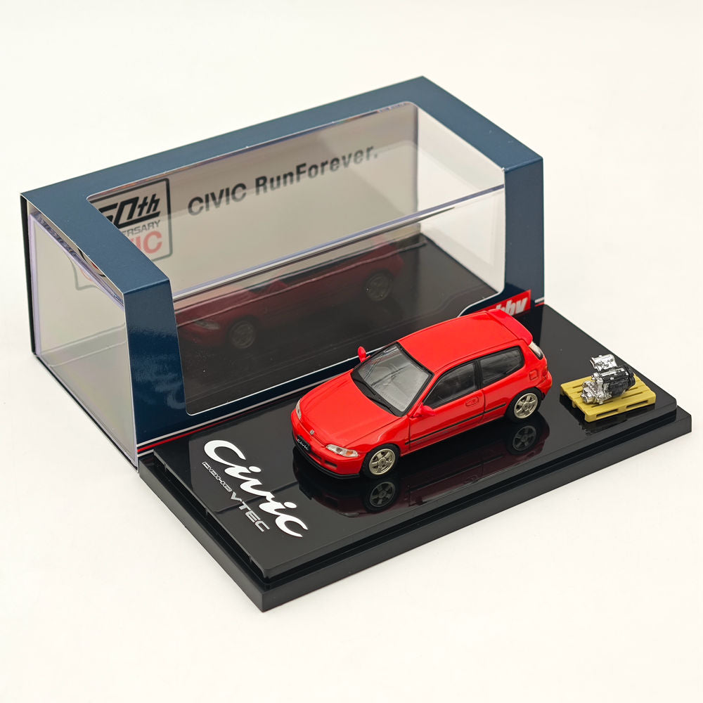 Hobby Japan 1/64 Honda CIVIC (EG6) Sir-S With Engine Display Model Milano Red HJ641017SR Diecast Models Car Collection