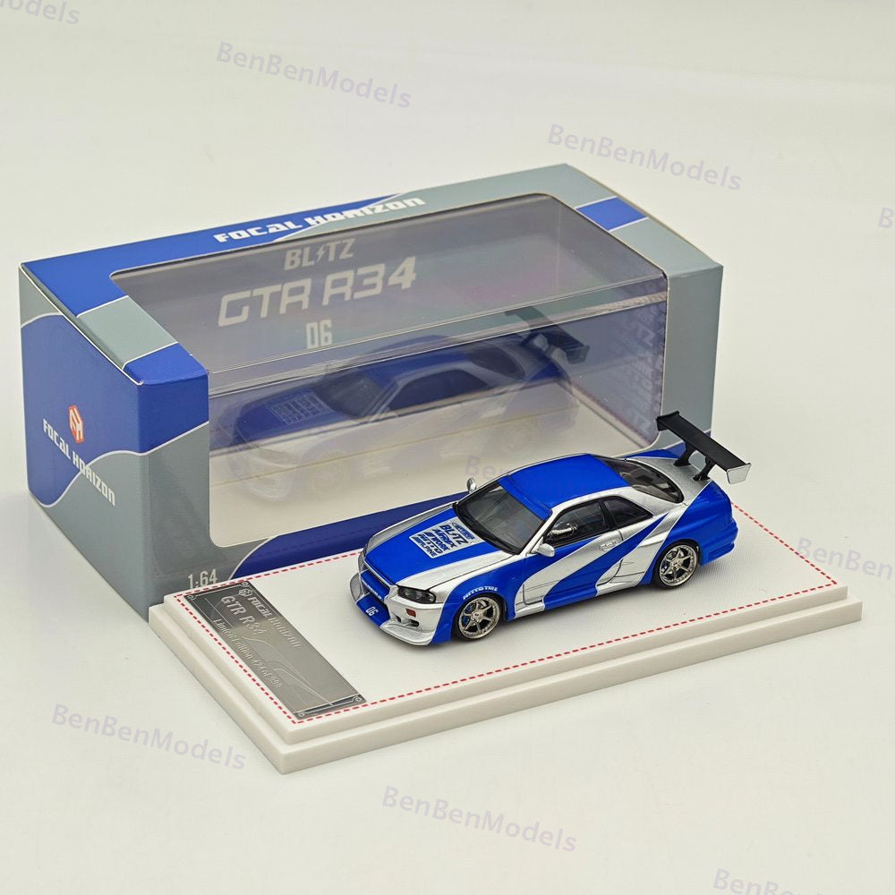 1/64 FH Nissan Skyline R34 GTR Silver Blue Diecast Model Car Limited Collection