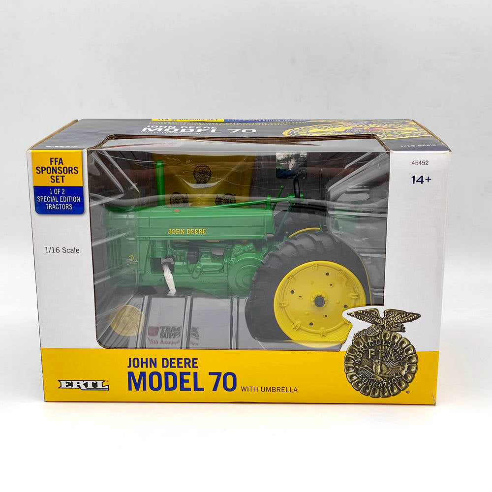 Tracteur John Deere moulé sous pression modèle 70 à l'échelle 1/16 ERTL avec parapluie FFA Édition spéciale cadeau