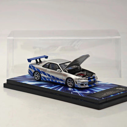 Mega Mega 1:64 GT-R R34 FNF Silver Blue Movie Version Open Hood Diecast Model Car