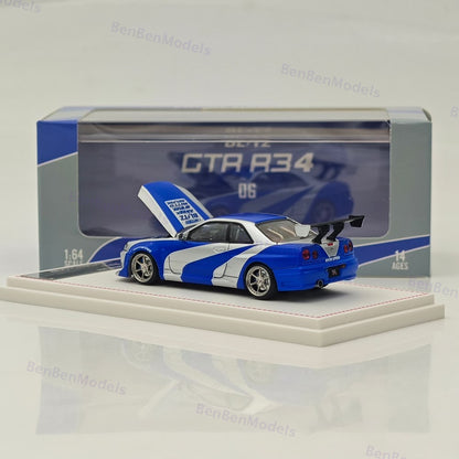 1/64 FH Nissan Skyline R34 GTR Silver Blue Diecast Model Car Limited Collection