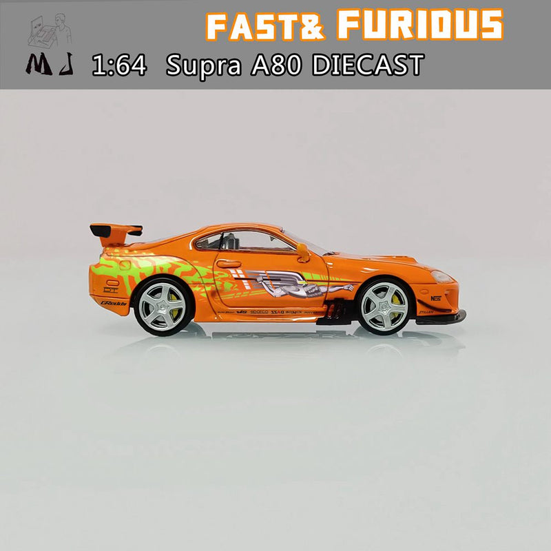 Pre-sale MJ 1:64 Toyota Supra A80 Customized The Fast and the Furious Diecast Toys Car Models Miniature Hobby Collection Gifts Orange