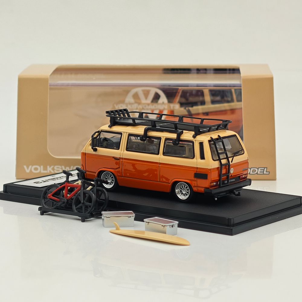 Mortal 1/64 Alloy Car Model - Lowrider Volkswagen T3, Tiffany Blue & White/Orange & Pink/Chocolate Bueno Color, 999 Units Limited, with Accessories