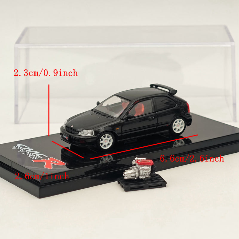 Hobby Japan 1:64 Honda CIVIC TYPE R (EK9) 1997 Starlight Black Pearl with Engine HJ643016ABK Diecast Car Model Collection