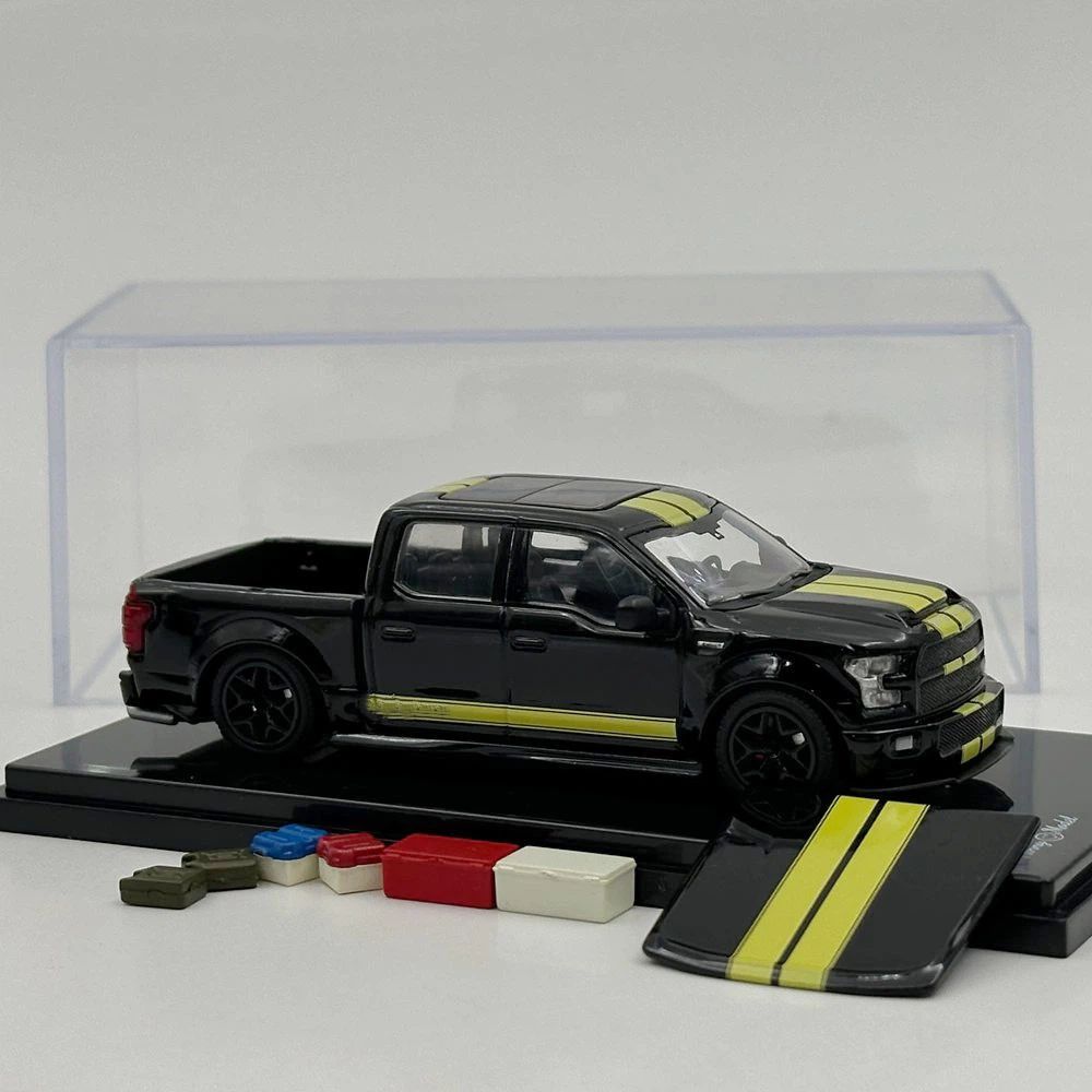 Funny Model 1/64 SHELBY F-150 Shelby Super Snake Pickup Black Yellow Stripes Diecast Model Car Collection