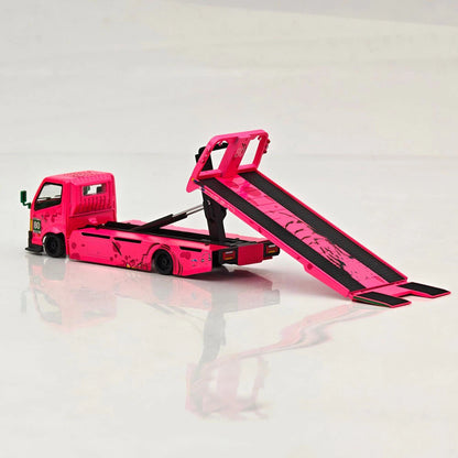 MEGA GEAR 1:64 Pink & Green Dinosaur Custom Tow Truck Full Ground Trailer Diecast Alloy Model Car Collectible