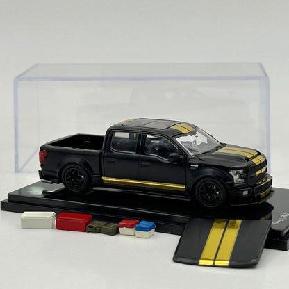 Funny Model 1/64 SHELBY F-150 Shelby Super Snake Pickup Matt Black Gold Stripes Diecast Model Car Collection