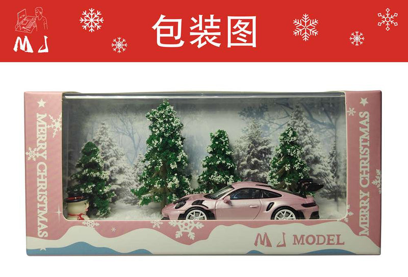 MJ 1:64 Porsche 911 992 GT3 RS Christmas Scene Diecast Toys Car Models Miniature Hobby Collection Gifts