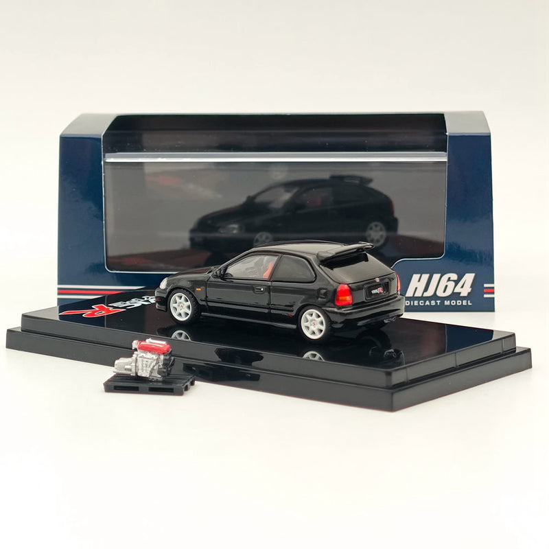 Hobby Japan 1:64 Honda CIVIC TYPE R (EK9) 1997 Starlight Black Pearl with Engine HJ643016ABK Diecast Car Model Collection