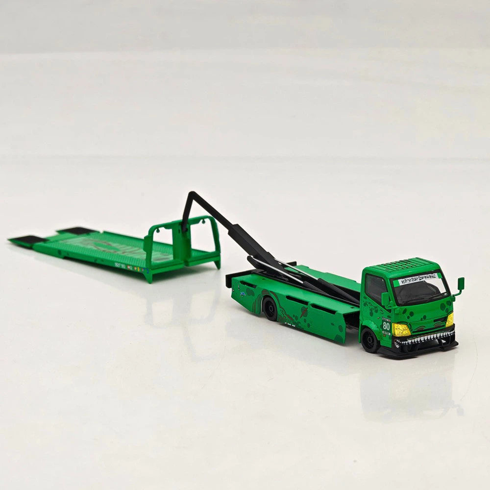 MEGA GEAR 1:64 Pink & Green Dinosaur Custom Tow Truck Full Ground Trailer Diecast Alloy Model Car Collectible