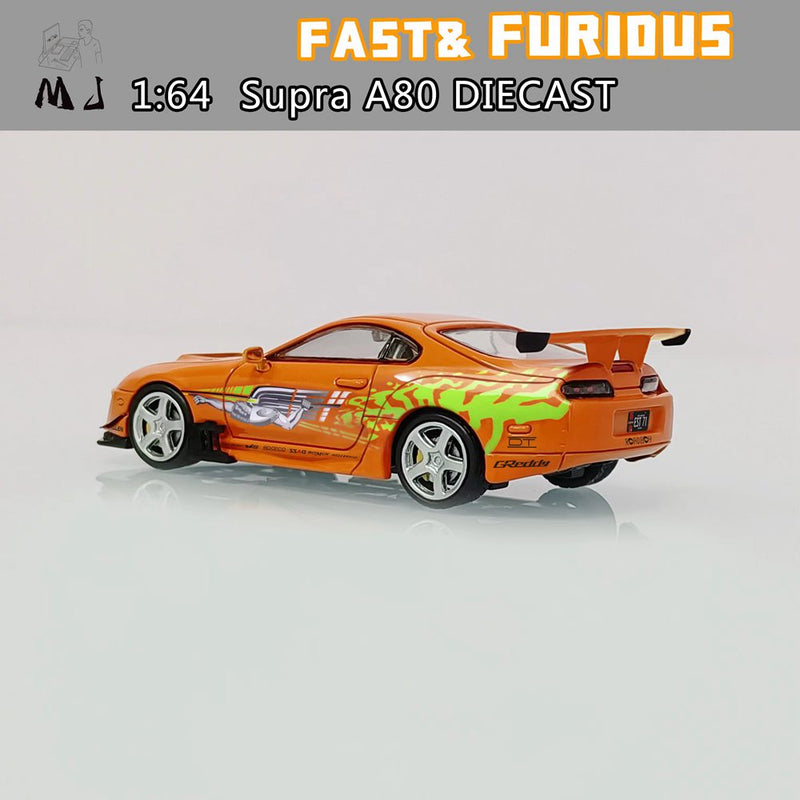 Pre-sale MJ 1:64 Toyota Supra A80 Customized The Fast and the Furious Diecast Toys Car Models Miniature Hobby Collection Gifts Orange