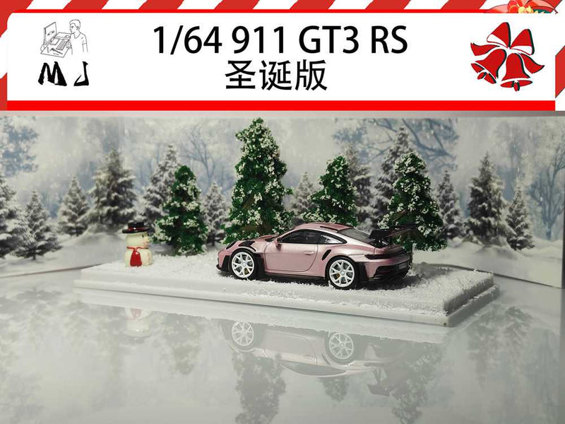 MJ 1:64 Porsche 911 992 GT3 RS Christmas Scene Diecast Toys Car Models Miniature Hobby Collection Gifts