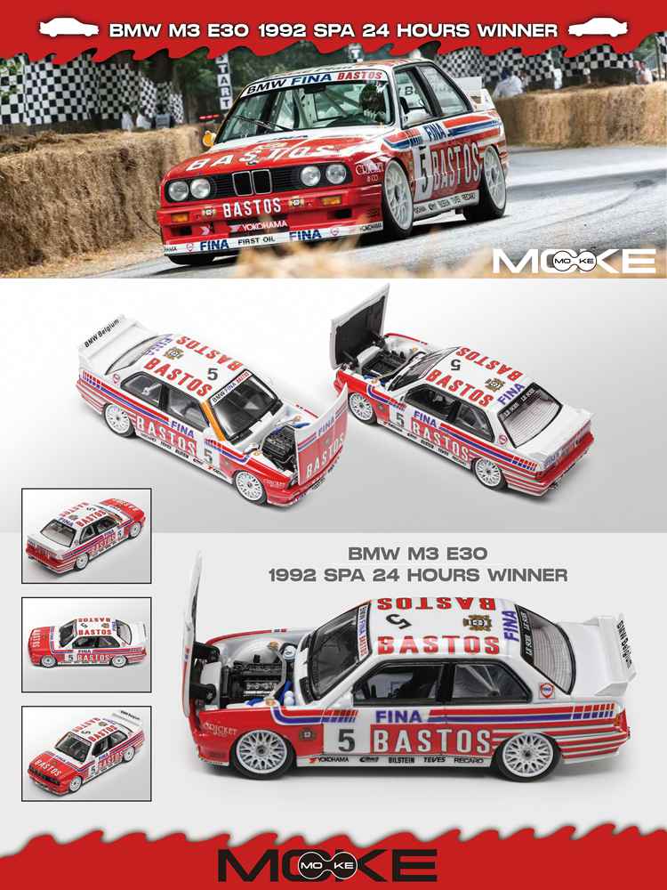 MOKE 1:64 Alloy Model - E30 M3 DTM - style. 1992 SPA 24 Hrs Winner No.5 Livery, 7 - Eleven Livery, 1991 Macau PLATZ "WATSON S" PIRRO #6 Livery, All with Openable Hood, for 14+ Hobbyists