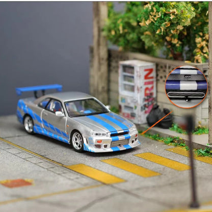 Mega Mega 1:64 GT-R R34 FNF Silver Blue Movie Version Open Hood Diecast Model Car