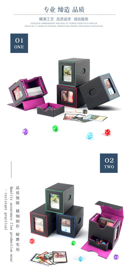 Side-Loading Window Card Deck Box 100+ PU Leather Magnetic TCG Card Storage