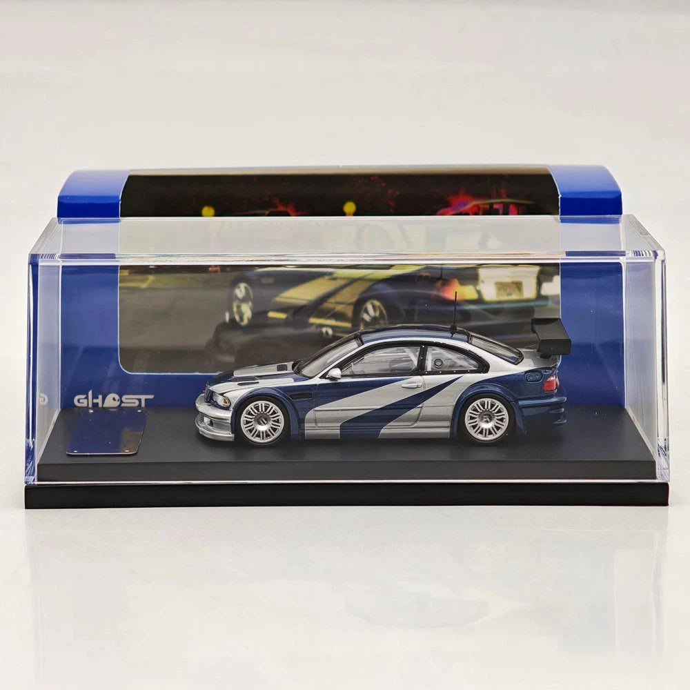 Prévente Ghost Player 1:64 E46 M3 GTR NFS Argent/Bleu Capot/Coffre Ouvrables Voiture Miniature Moulée Sous Pression Collection Limitée