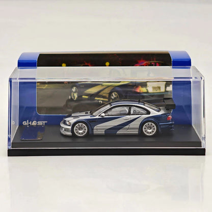 Prévente Ghost Player 1:64 E46 M3 GTR NFS Argent/Bleu Capot/Coffre Ouvrables Voiture Miniature Moulée Sous Pression Collection Limitée