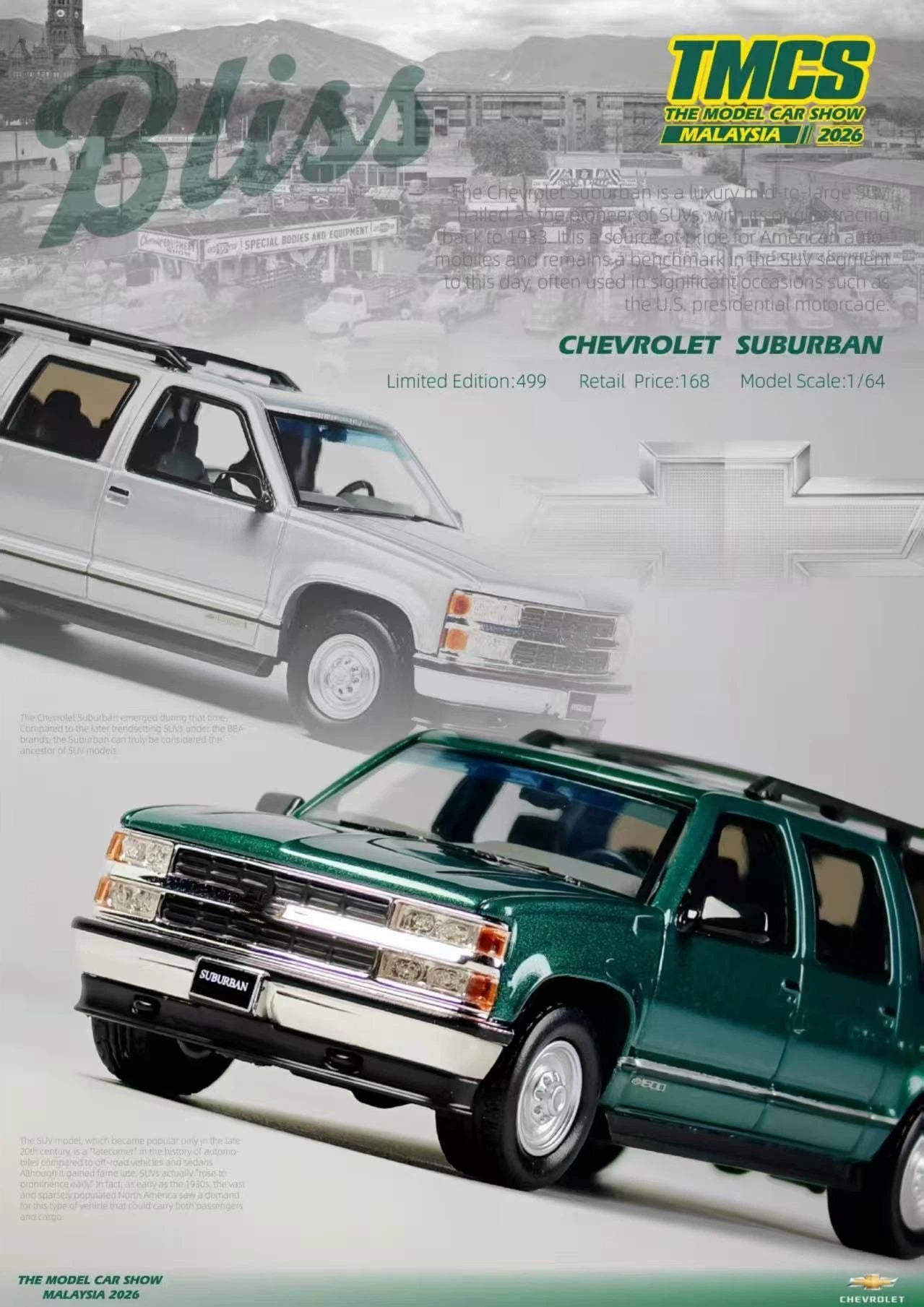 Bliss 1:64 Suburban GMT400 Full-size SUV Sports Model TMCS Malaysia 2026 Ltd 499 Diecast Model Car