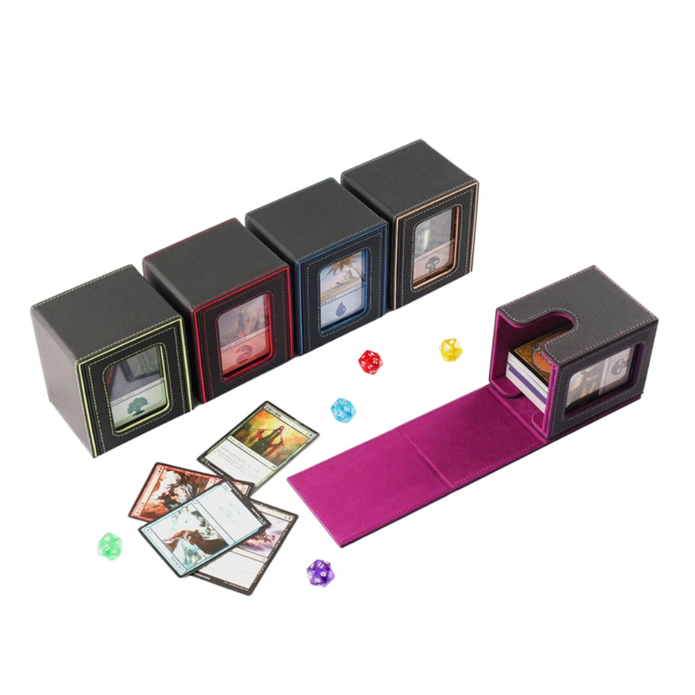 Portable Magnetic PU Deck Box Vertical Side Loading with Front View Window for TCG CCG Trading Cards