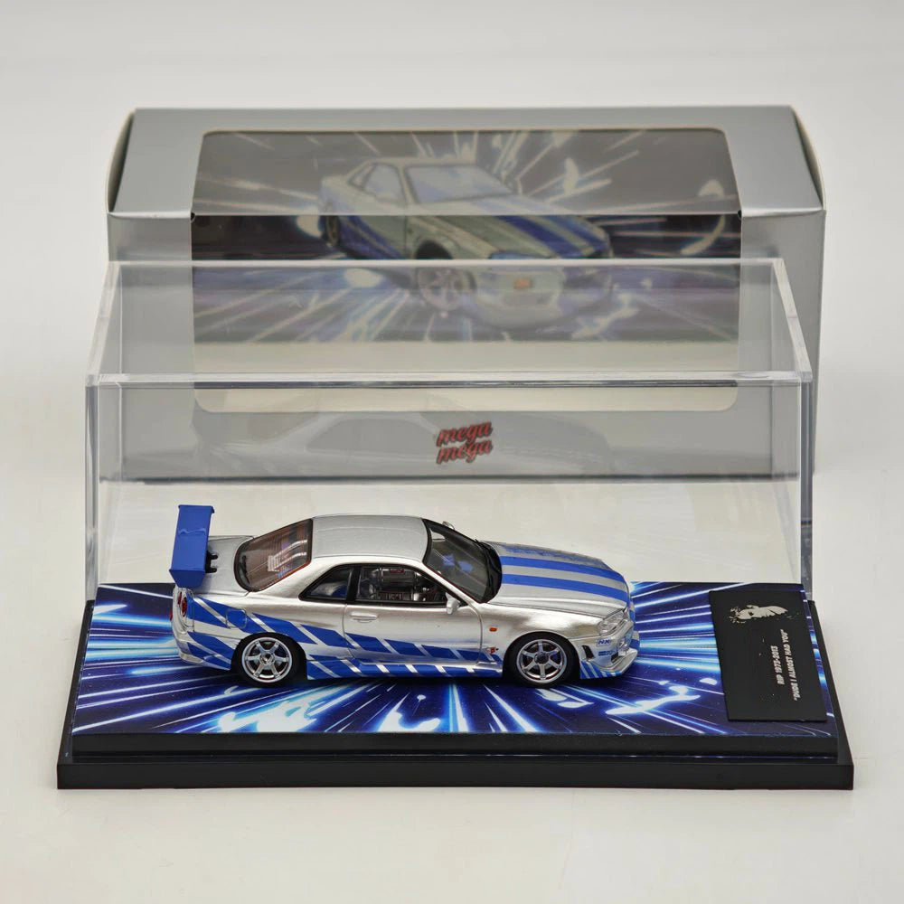 Mega Mega 1:64 GT-R R34 FNF Silver Blue Movie Version Open Hood Diecast Model Car