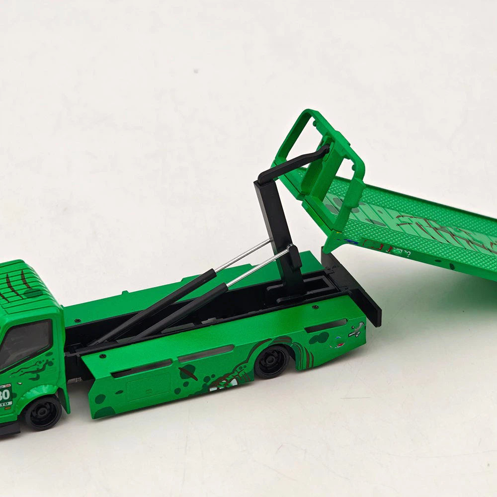 MEGA GEAR 1:64 Pink & Green Dinosaur Custom Tow Truck Full Ground Trailer Diecast Alloy Model Car Collectible