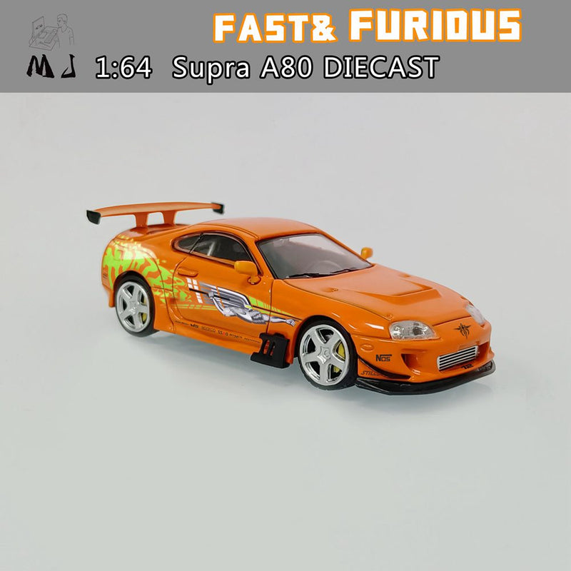 Pre-sale MJ 1:64 Toyota Supra A80 Customized The Fast and the Furious Diecast Toys Car Models Miniature Hobby Collection Gifts Orange