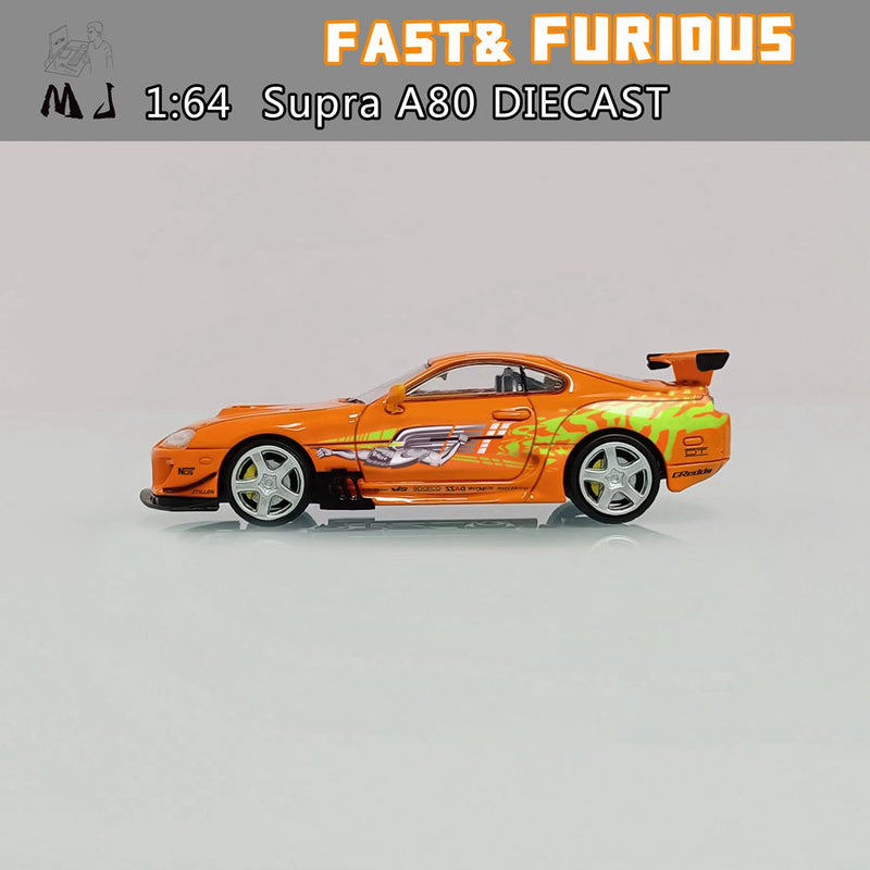 Pre-sale MJ 1:64 Toyota Supra A80 Customized The Fast and the Furious Diecast Toys Car Models Miniature Hobby Collection Gifts Orange