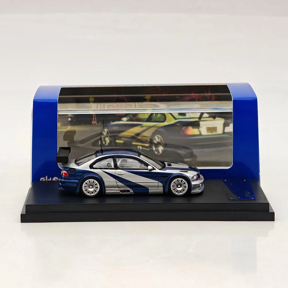 Prévente Ghost Player 1:64 E46 M3 GTR NFS Argent/Bleu Capot/Coffre Ouvrables Voiture Miniature Moulée Sous Pression Collection Limitée