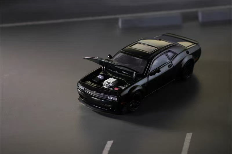 SH 1:64 Challengr SRT Hellcat Pitch Black Opening Hood Diecast Model Car Limited Collection