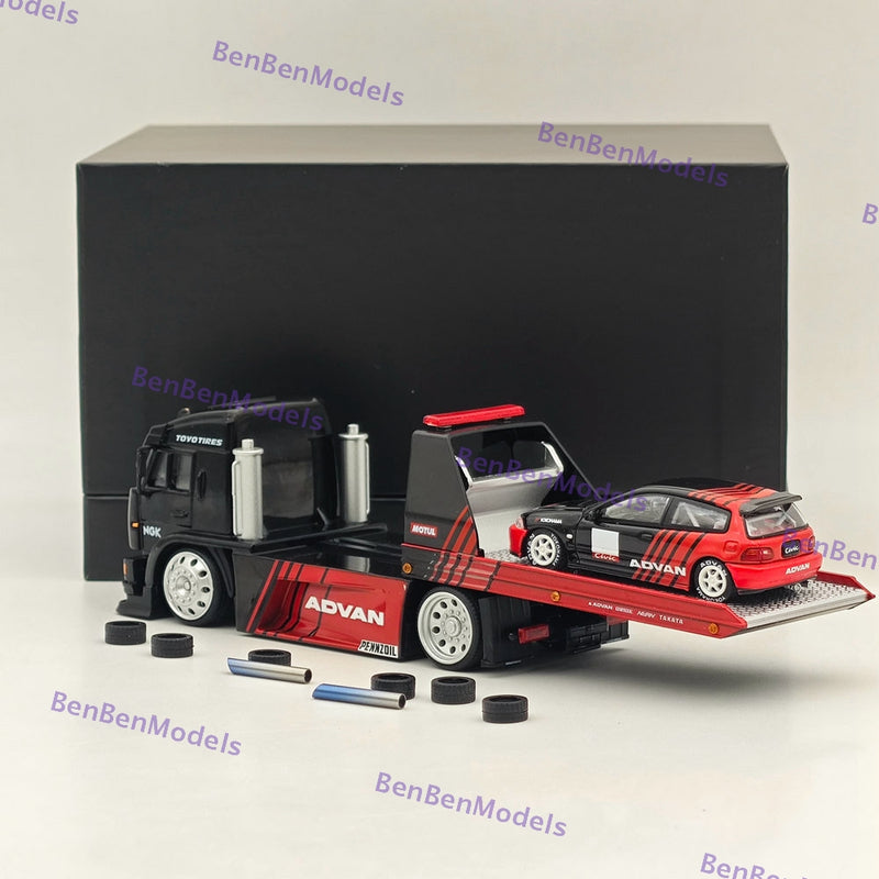 1:64 SH KAMA3 Tow Truck Advan Version with Civic EK9 Diecast Model Car