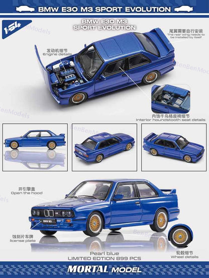 Mortal 1:64 BMW E30 M3 Sport Evolution Alloy Openable Hood Diecast Toys Car Models Hobby Collection Gifts