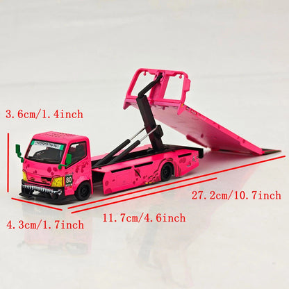 MEGA GEAR 1:64 Pink & Green Dinosaur Custom Tow Truck Full Ground Trailer Diecast Alloy Model Car Collectible