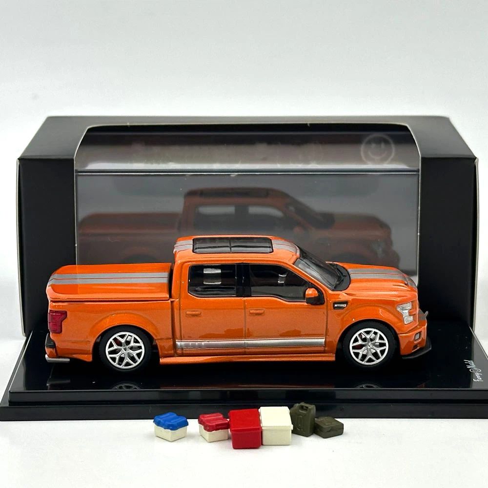 Funny Model 1/64 F150 Shelby Super Snake Pickup Truck Orange Silver Stripes Diecast Model Car with Accessories