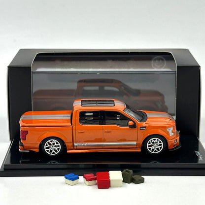 Funny Model 1/64 F150 Shelby Super Snake Pickup Truck Orange Silver Stripes Diecast Model Car with Accessories